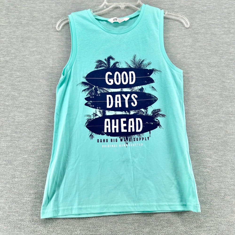 H&M Tank Top Kids 10-12Y Teal Good Days Ahead Surf Graphic Sleeveless Cotton
